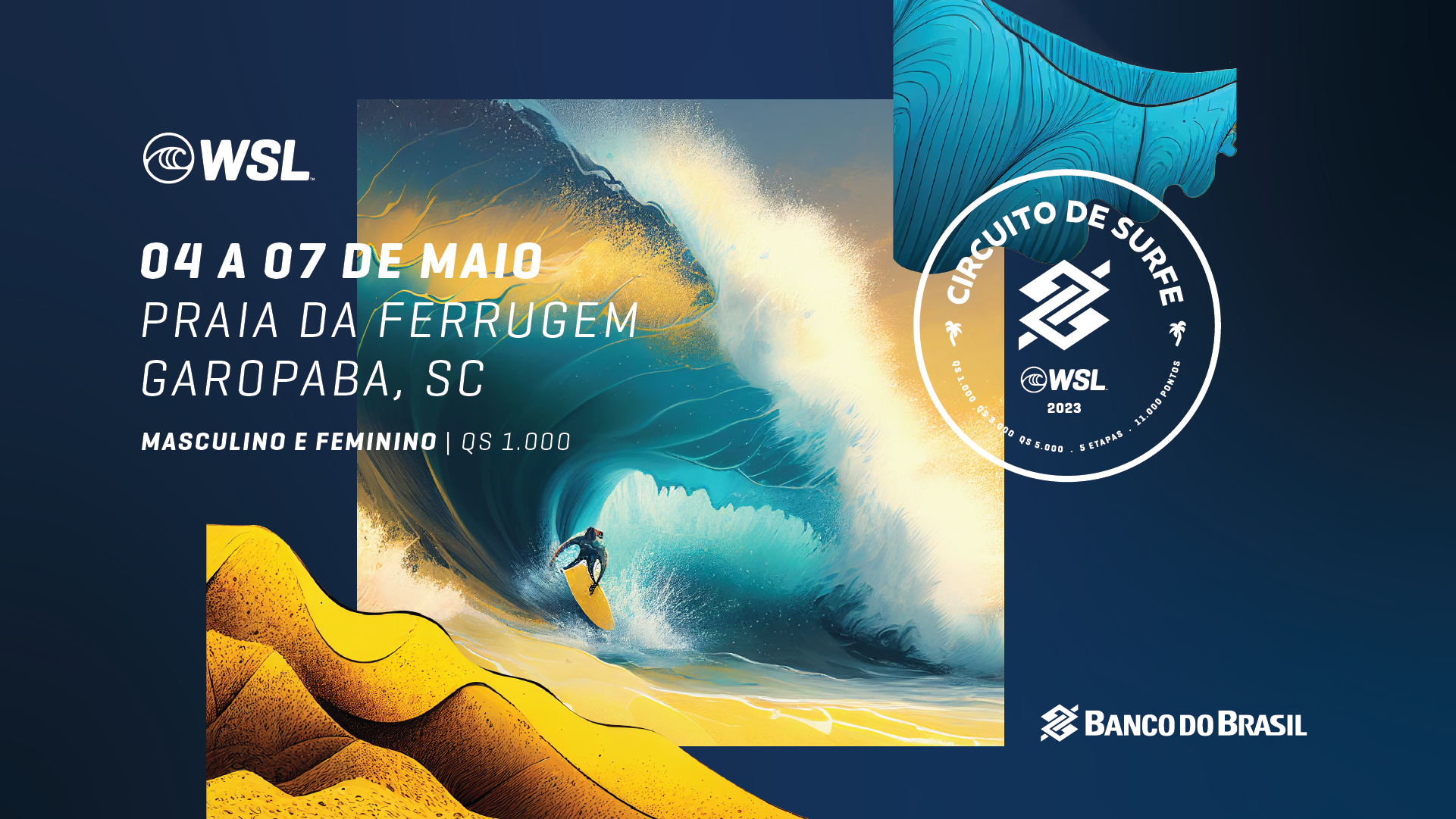 WSL inova e apresenta comunicação visual produzida com Inteligência Artificial em Garopaba (SC), segunda etapa do Circuito Banco do Brasil de Surfe 2023